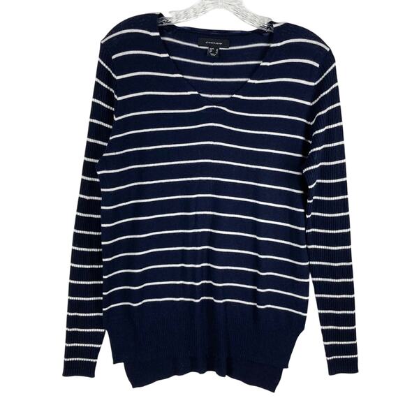 ATMOSPHERE Sweater Women US 6 Stripe Navy White V-neck Rib Long-Slv Slit Hi-Low - Picture 1 of 11